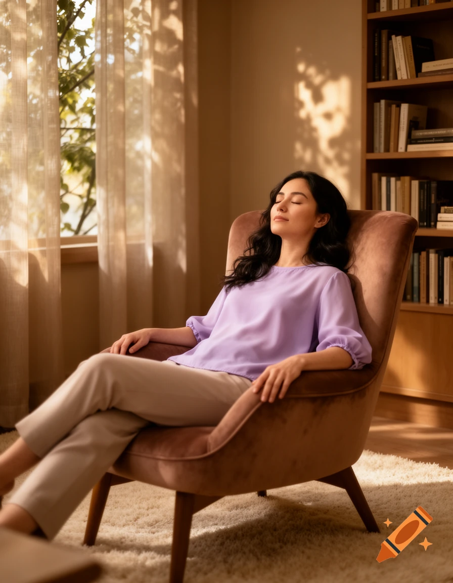 A woman with her eyes closed, relaxing in an armchair bathed in warm sunlight, with a bookshelf in the background.