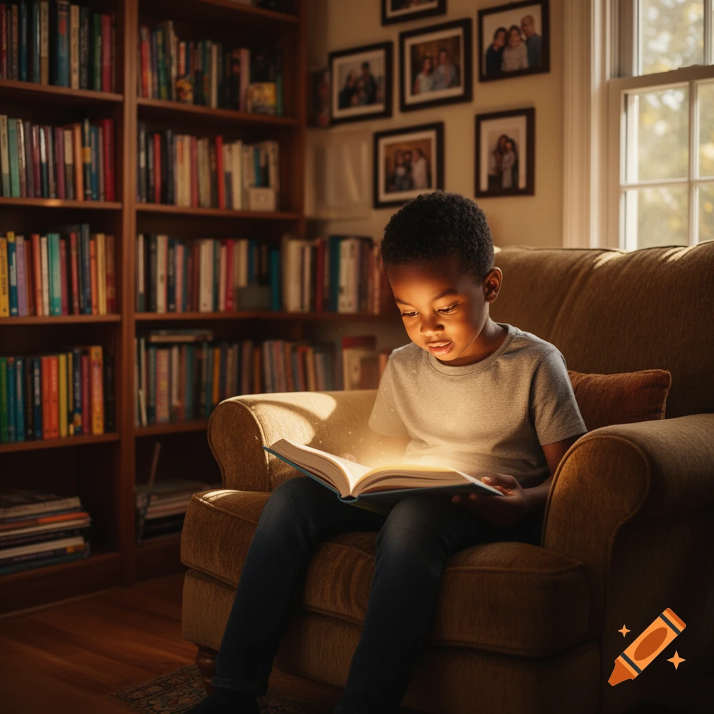 A young Black boy in a gray shirt and jeans sits in a brown armchair, intently reading a glowing book in a cozy room with bookshelves and framed photos, illuminated by window light.