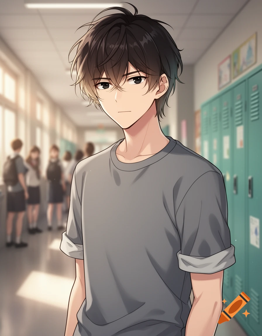 An anime boy with dark brown messy hair and a gray t-shirt stands in a school hallway with lockers.