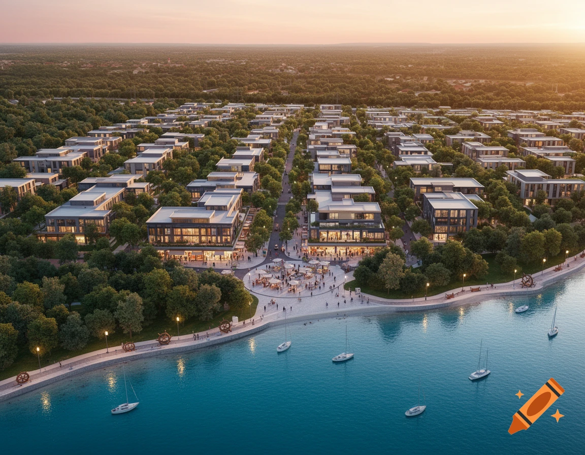 A photorealistic aerial view of a modern town with contemporary buildings, green trees, a waterfront promenade, and boats on a clear blue bay at sunset.