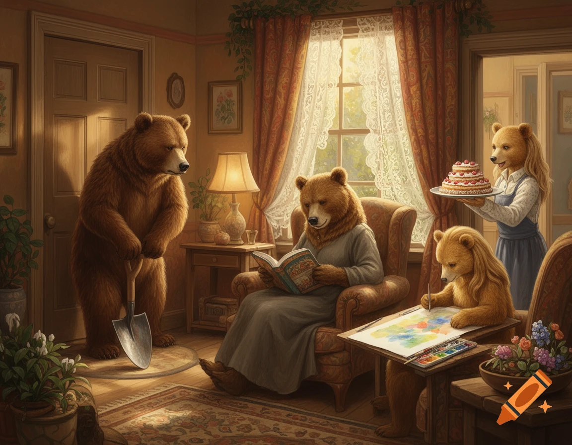 A family of anthropomorphic bears in a cozy living room, with a father bear holding a shovel, a mother bear reading, a daughter painting, and another bringing a cake.