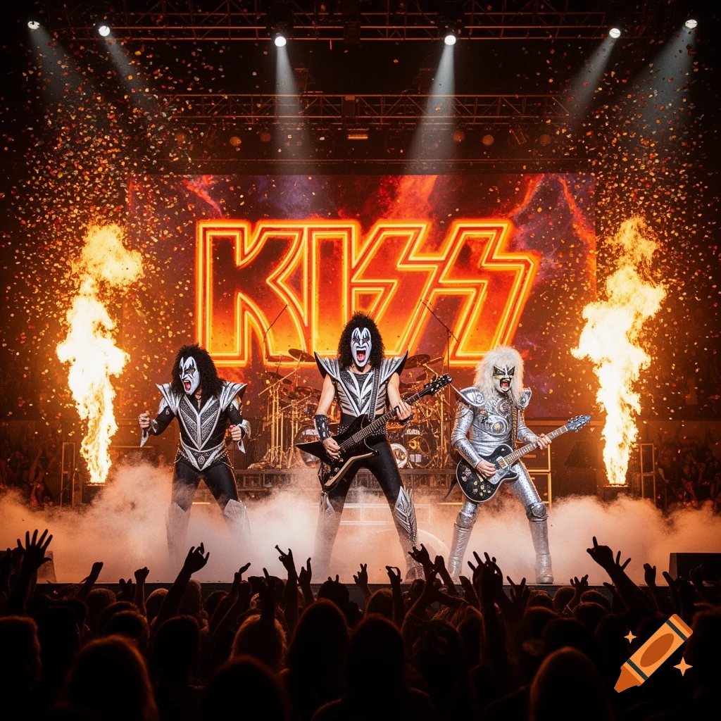 Rock band KISS performing on stage with pyro, confetti, and a crowd, in a photorealistic style.