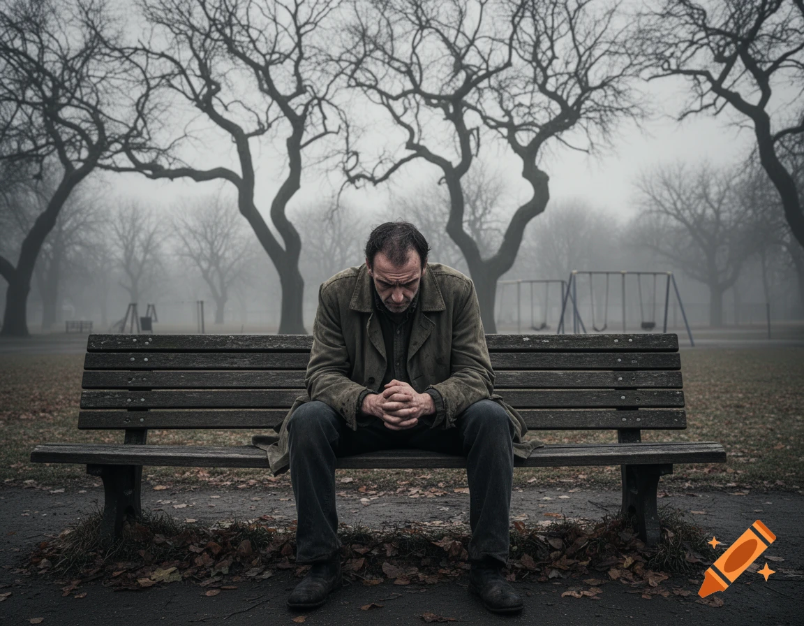 A photorealistic image of a man sitting alone on a park bench, looking down with clasped hands, surrounded by bare trees and fog on a gloomy day.