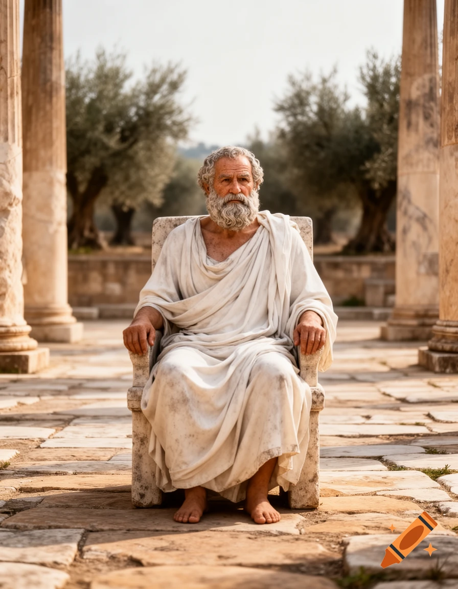 Photorealistic portrait of an old, bearded man resembling Socrates, seated on a stone chair amidst ancient Greek ruins with olive trees.