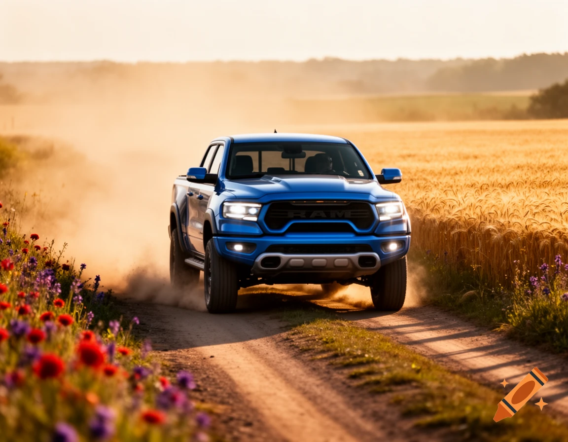 A blue pickup truck speeds down a dusty dirt road through a golden wheat field with wildflowers in the foreground.