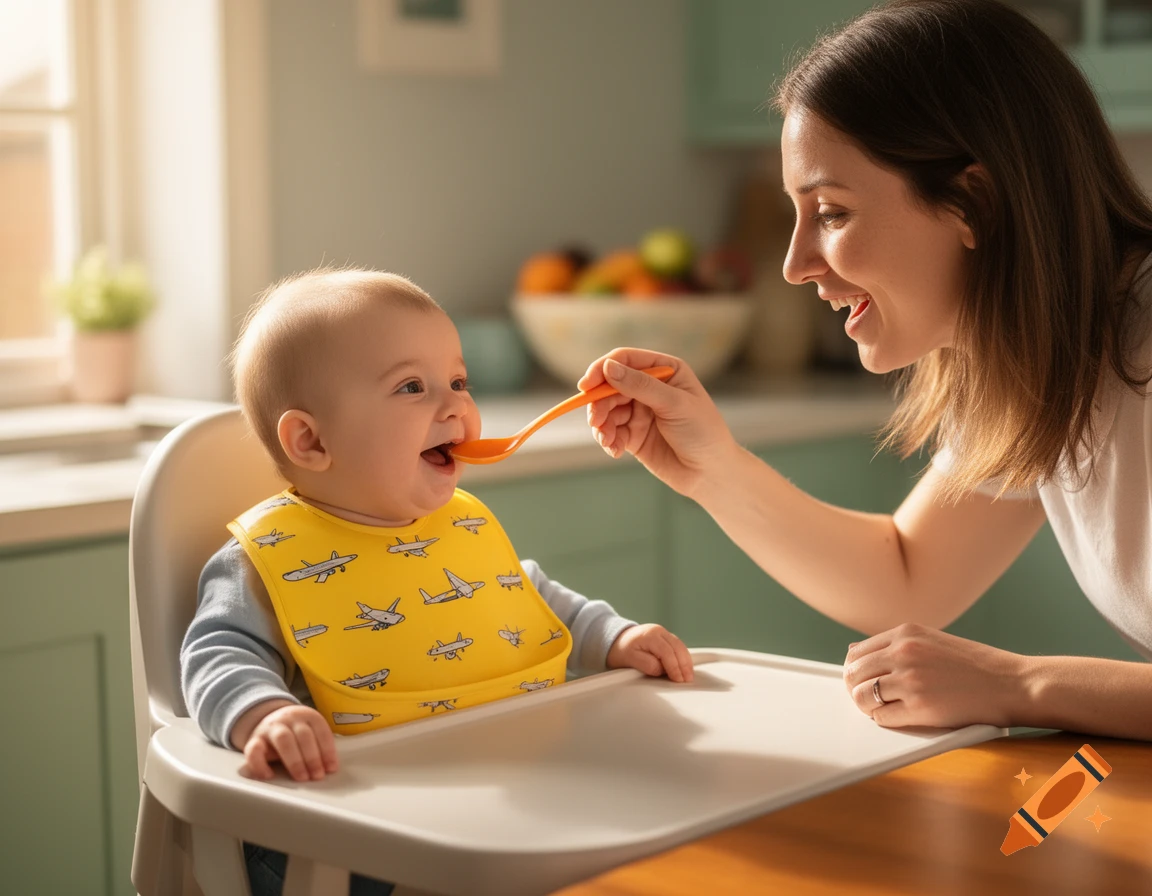 Smiling mother feeding a happy baby with a spoon in a high chair in a sunlit kitchen.