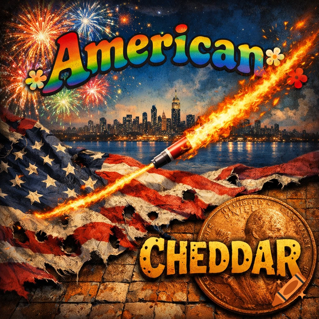 Album cover featuring a tattered American flag, fireworks over a city skyline, a flaming bottle rocket, and the words "American Cheddar".