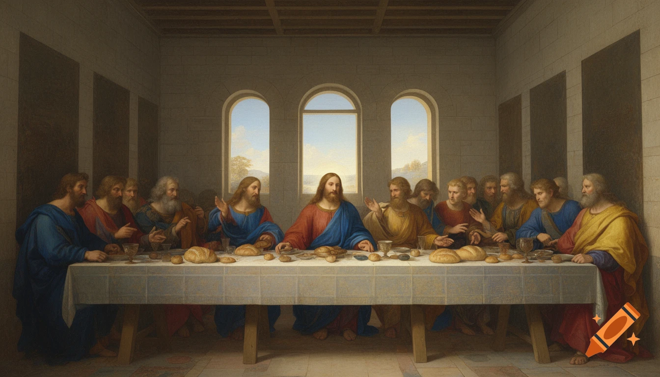 A classical painting depicting Jesus and his twelve disciples seated at a long table during the Last Supper.
