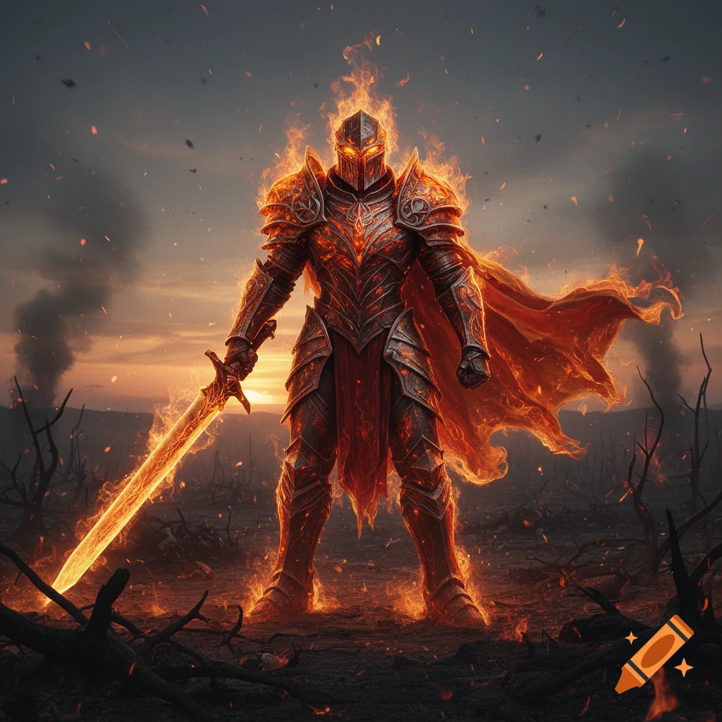 A fire paladin knight in glowing armor stands in a desolate, smoky landscape, engulfed in flames and holding a fiery sword at sunset.