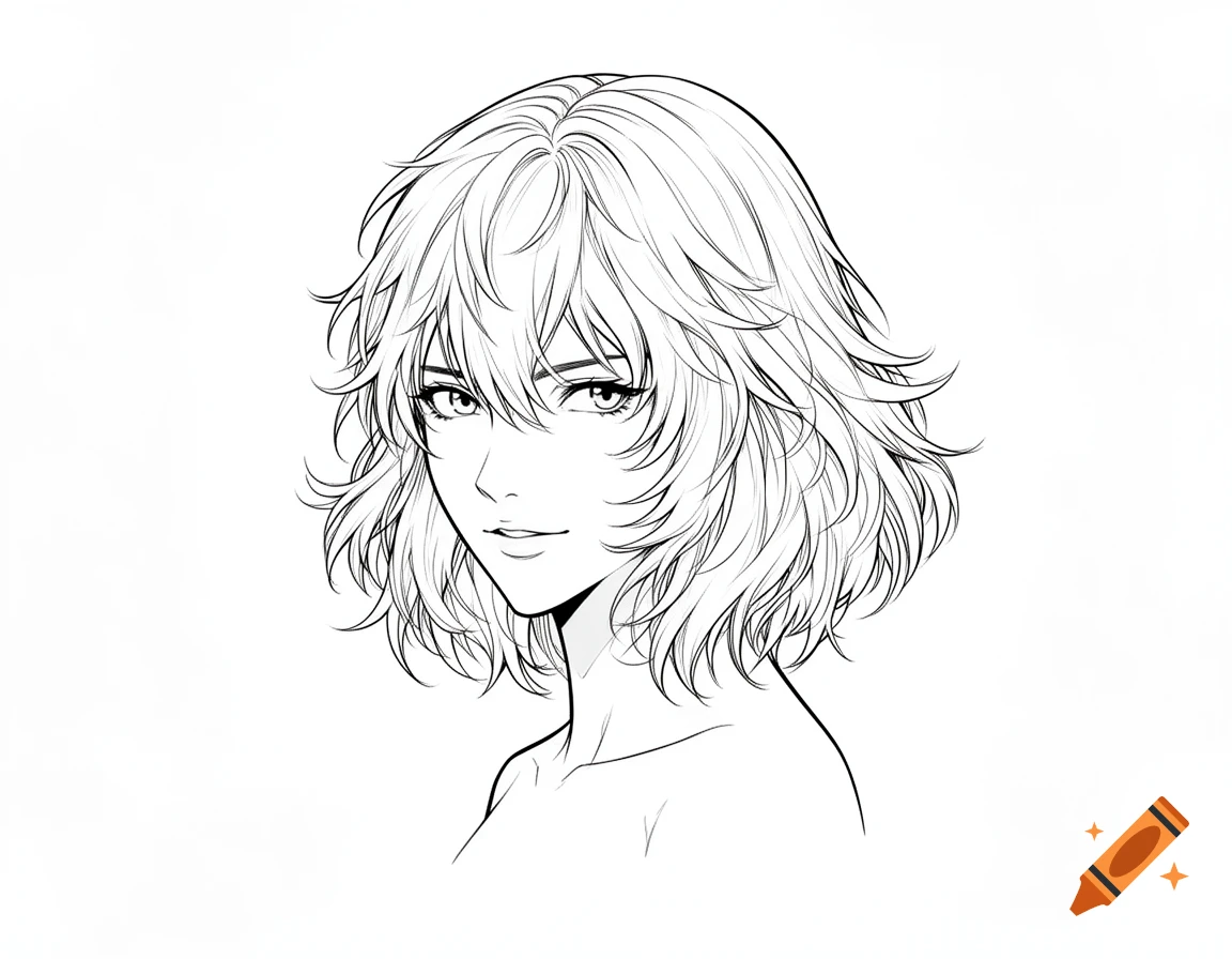 Line art drawing of a female character with shaggy shoulder-length hair looking at the viewer.