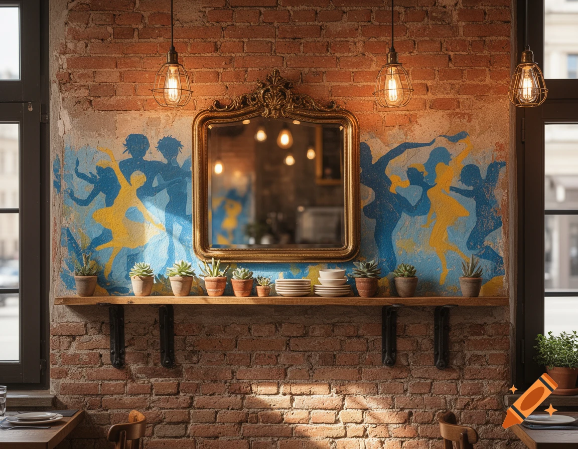 A cafe wall features exposed brick, a shelf with potted plants, a gold mirror, and a blue and yellow dancer mural. Pendant lights illuminate the scene.