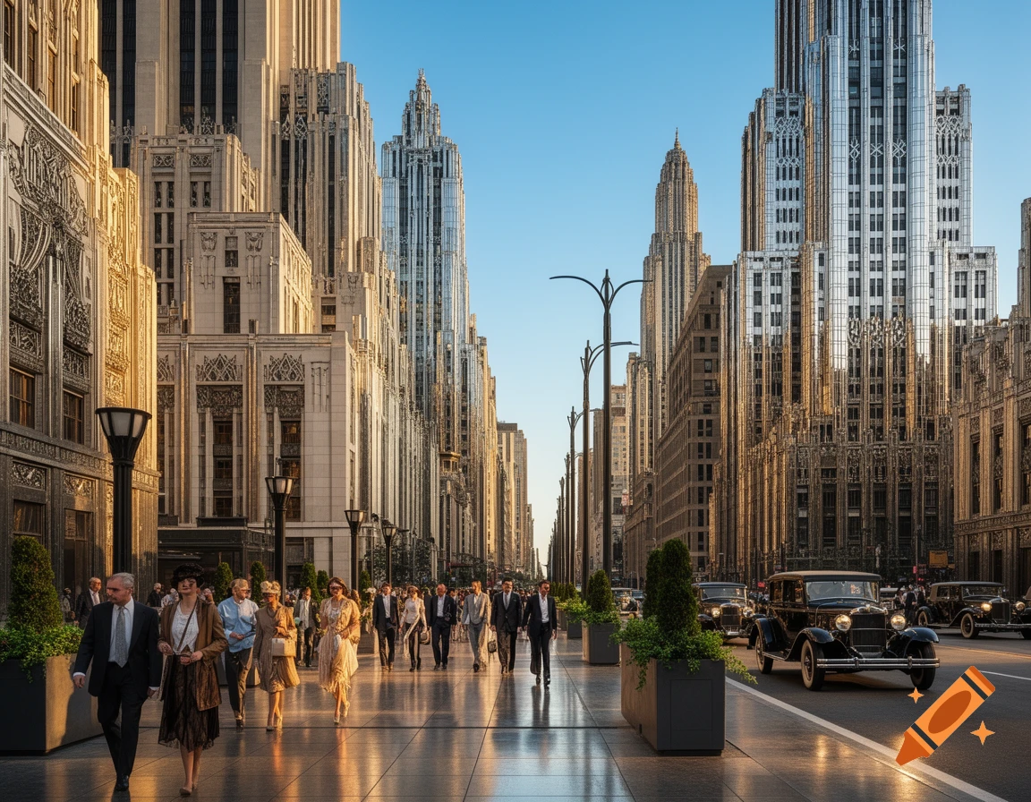 A photorealistic view of a bustling Art Deco city street with pedestrians on the sidewalk and vintage cars driving by.