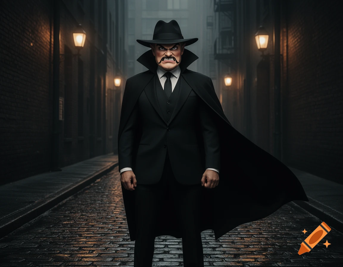 A menacing, cartoon-style villain in a black suit, fedora, and cape stands in a dark, lamp-lit cobblestone alley.