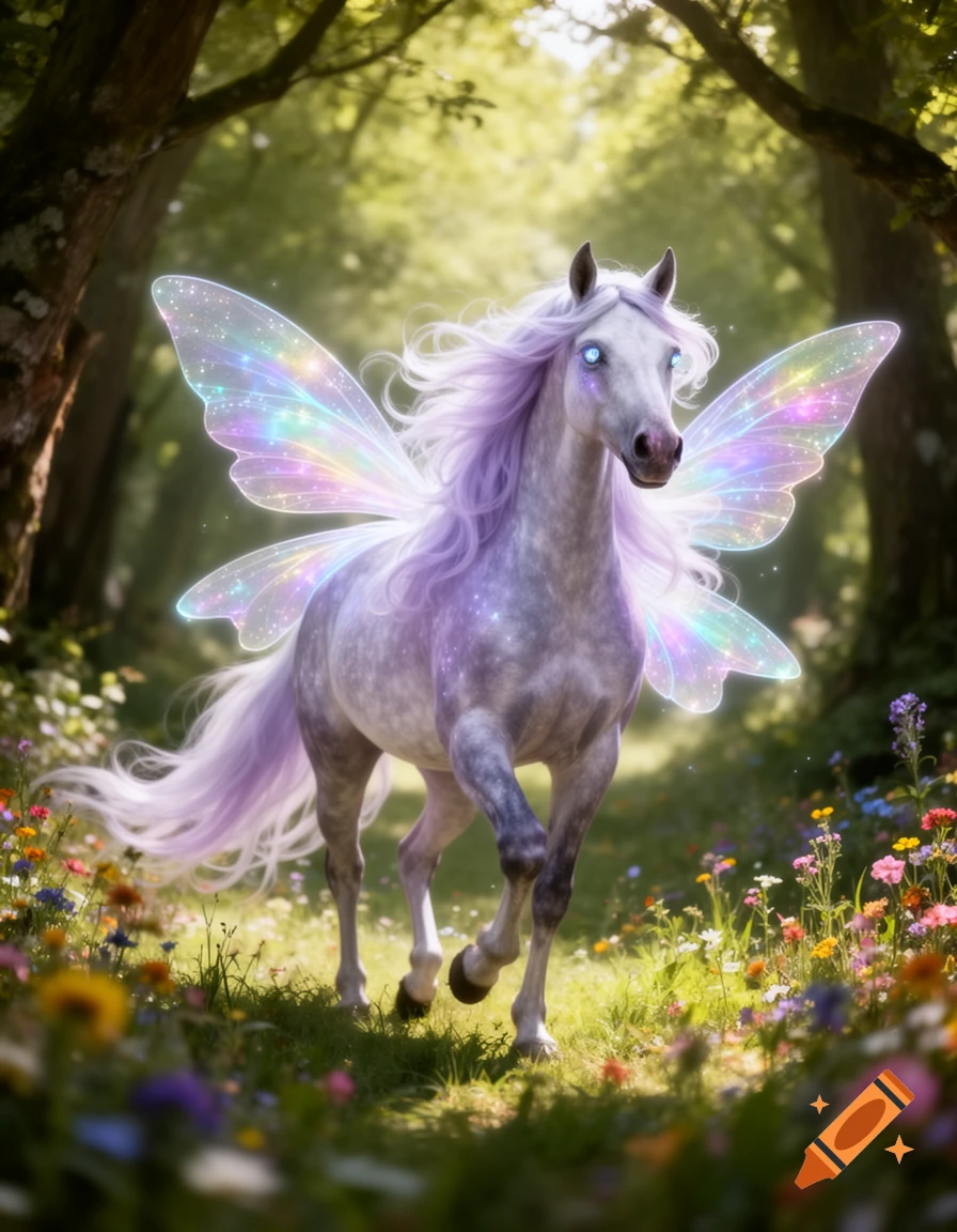 A magical horse with iridescent wings, purple mane, and glowing blue eyes walks through a sunlit forest filled with wildflowers.