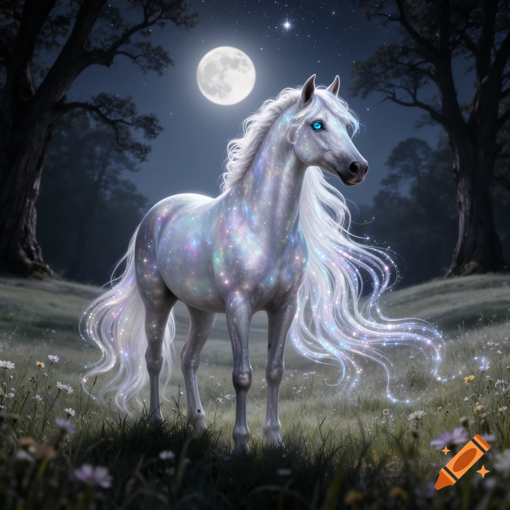 A white magical horse with a sparkling mane and tail stands in a ...