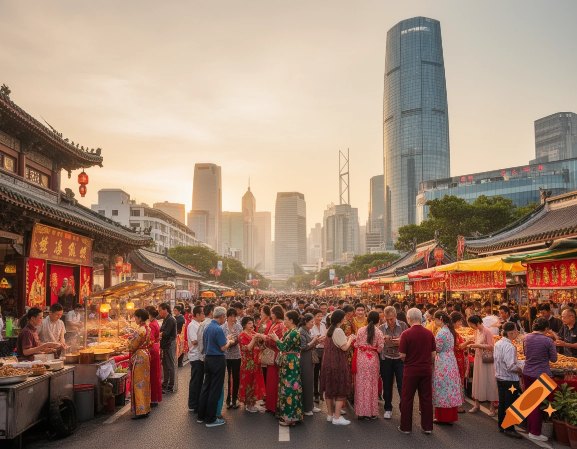A bustling street market at sunset in an Asian city, with traditional buildings and food stalls juxtaposed against modern skyscrapers in the background.
