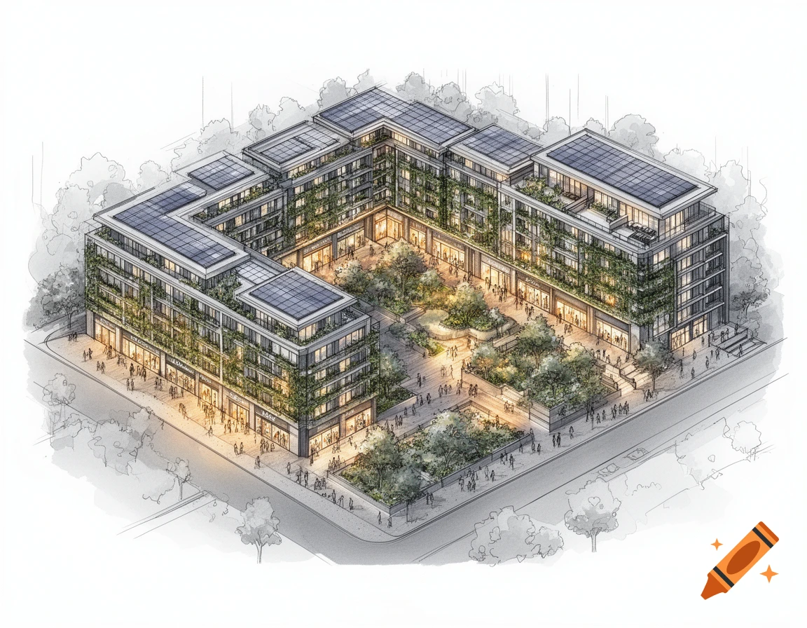 Isometric architectural sketch of a multi-story urban complex with shops, apartments, rooftop solar panels, and a green courtyard.