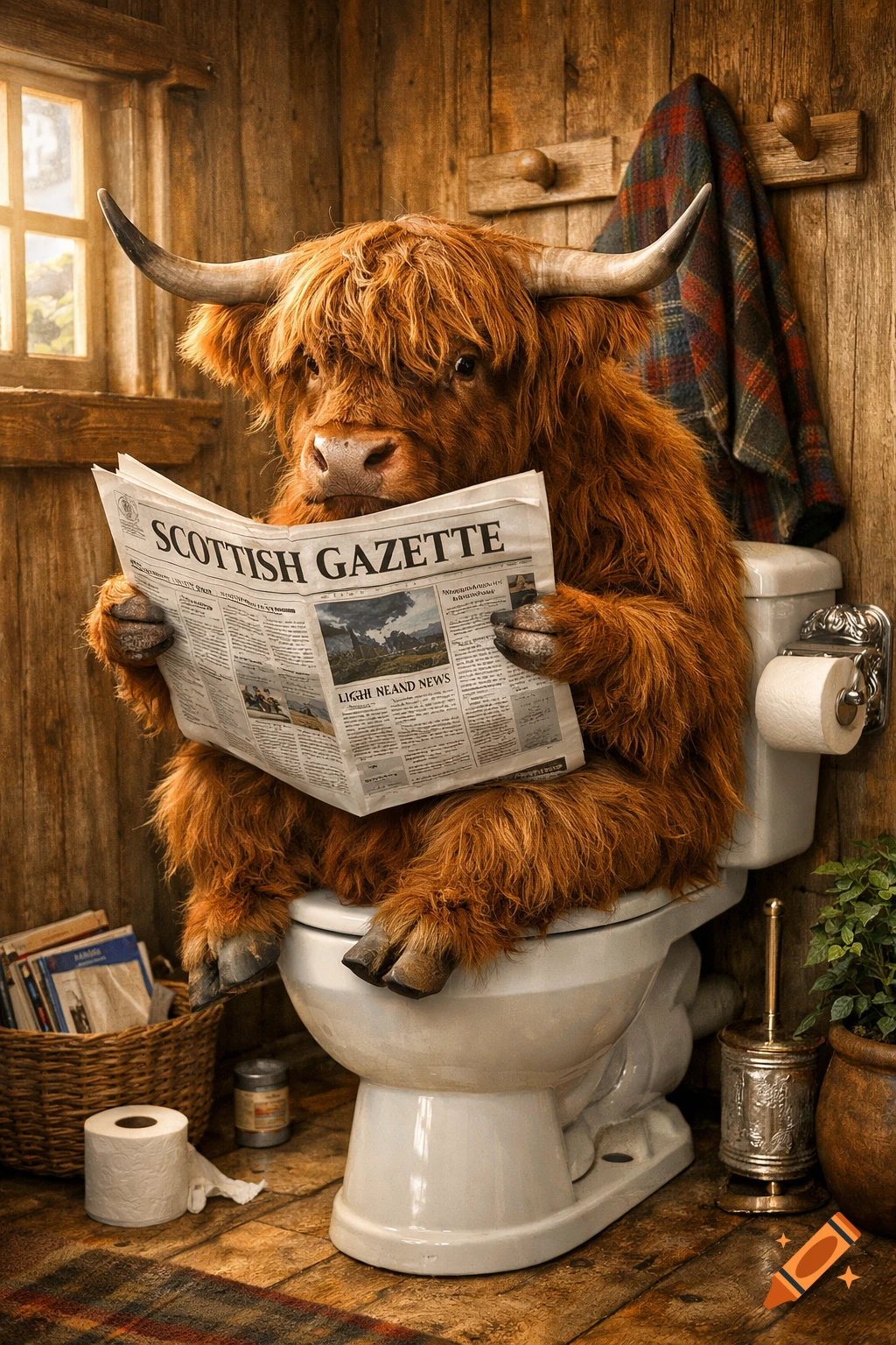 A photorealistic Highland cow sits on a toilet, intently reading a newspaper titled "SCOTTISH GAZETTE" in a rustic bathroom.