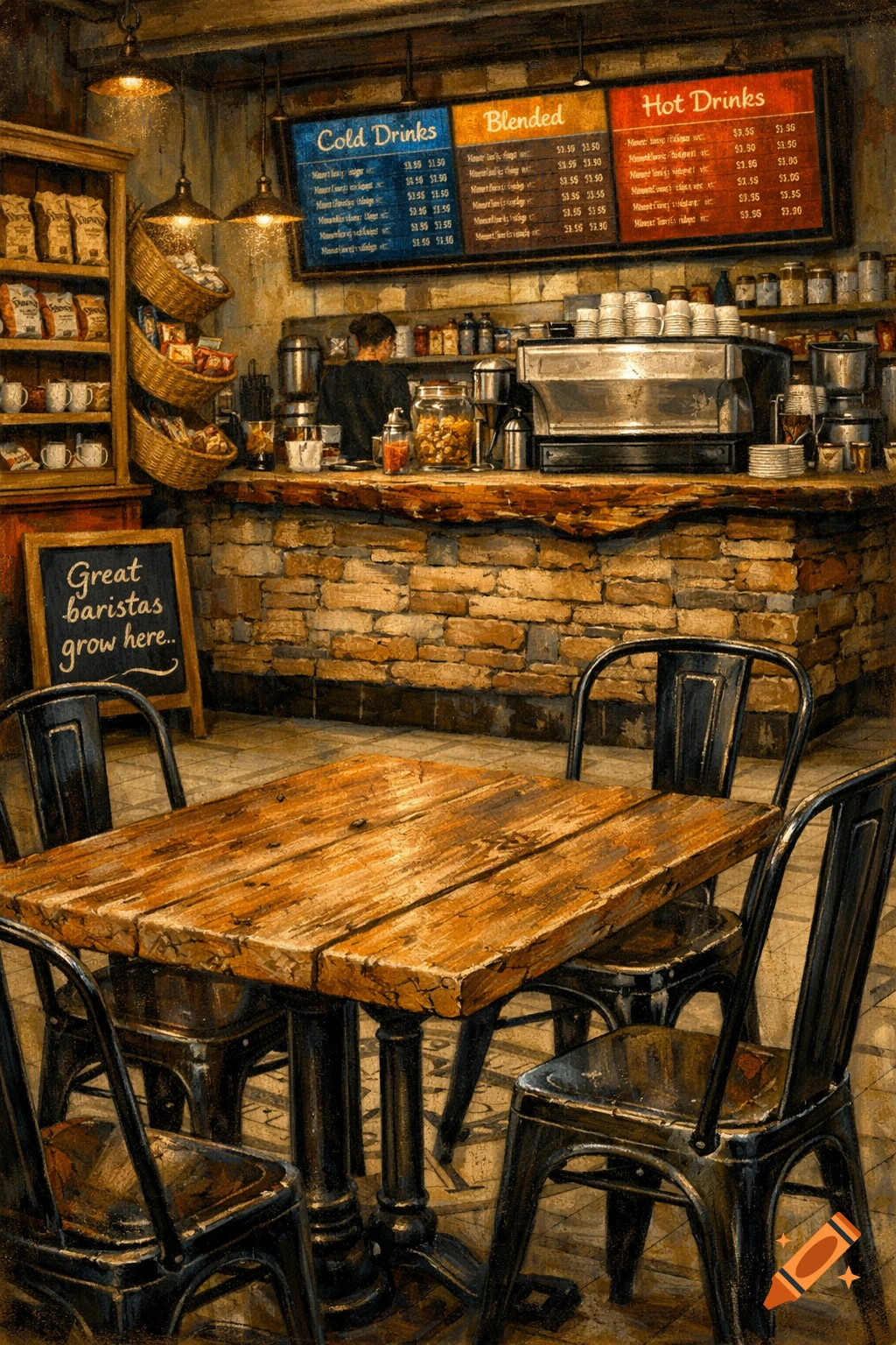 Norman Rockwell style painting of a rustic-modern coffee shop interior with a wooden table, metal chairs, and a counter with a barista.