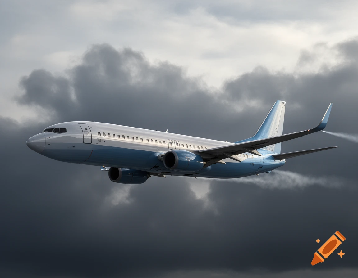 A photorealistic white and blue passenger airplane flies through a cloudy sky.