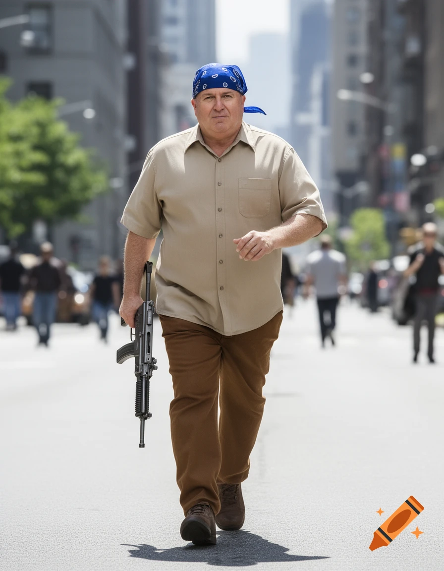 A man resembling Al Bundy, wearing a blue bandana and tan shirt, walks down a city street holding a firearm.