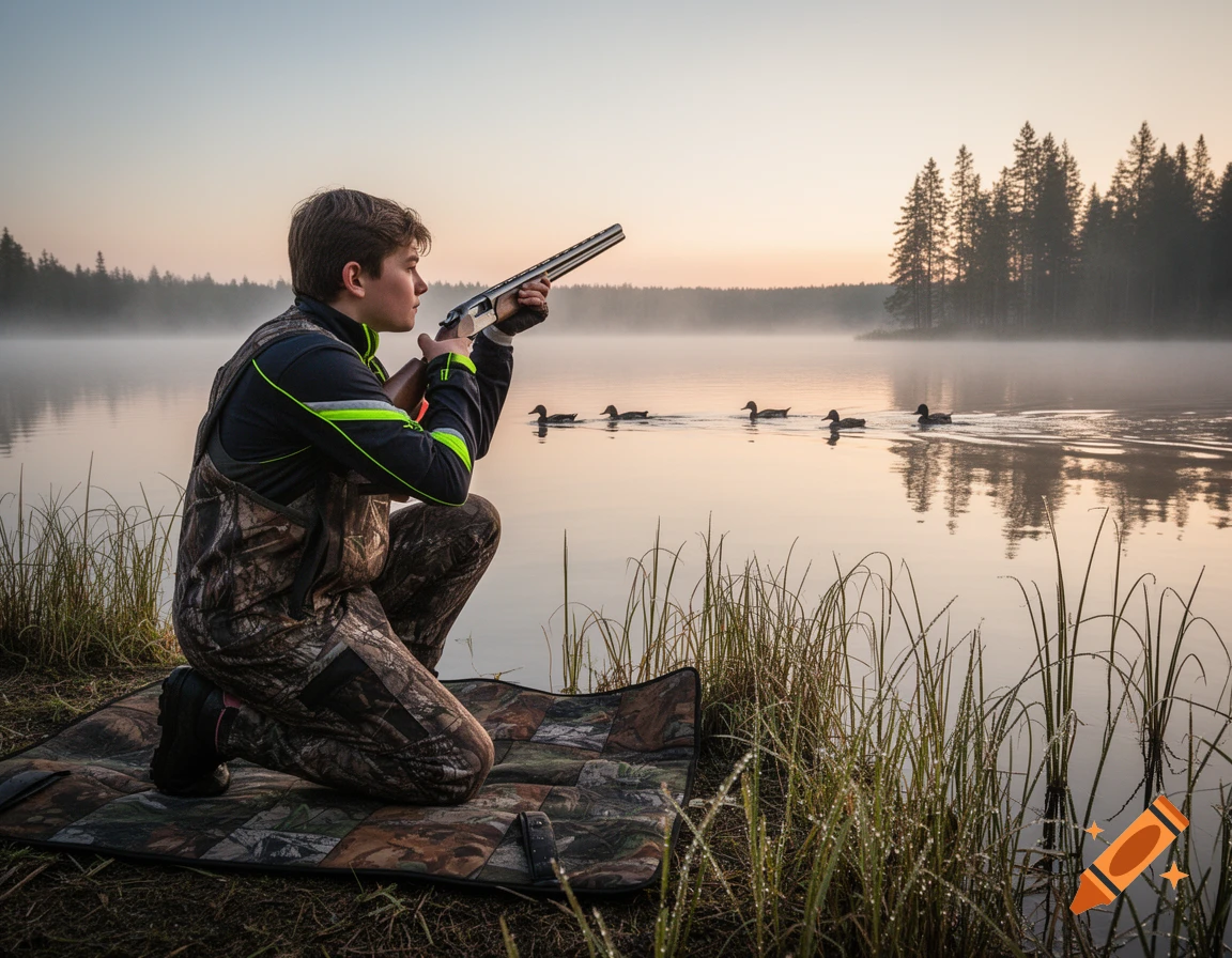 A young person in camouflage kneels by a misty lake, aiming a shotgun at ducks swimming on the water at dawn.