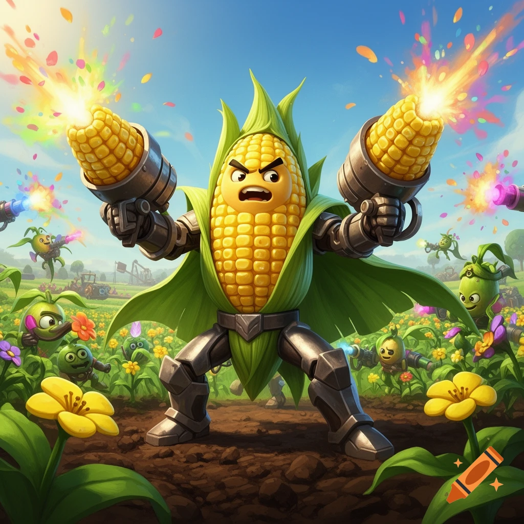 An angry, muscular corn cob character in armor shoots energy blasts ...