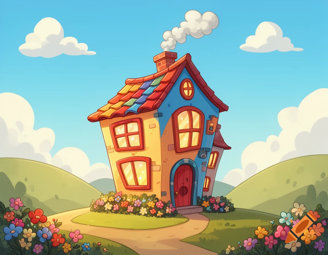 A vibrant 2D cartoon house with a colorful roof and glowing windows sits on a green hill surrounded by cheerful flowers under a blue sky.