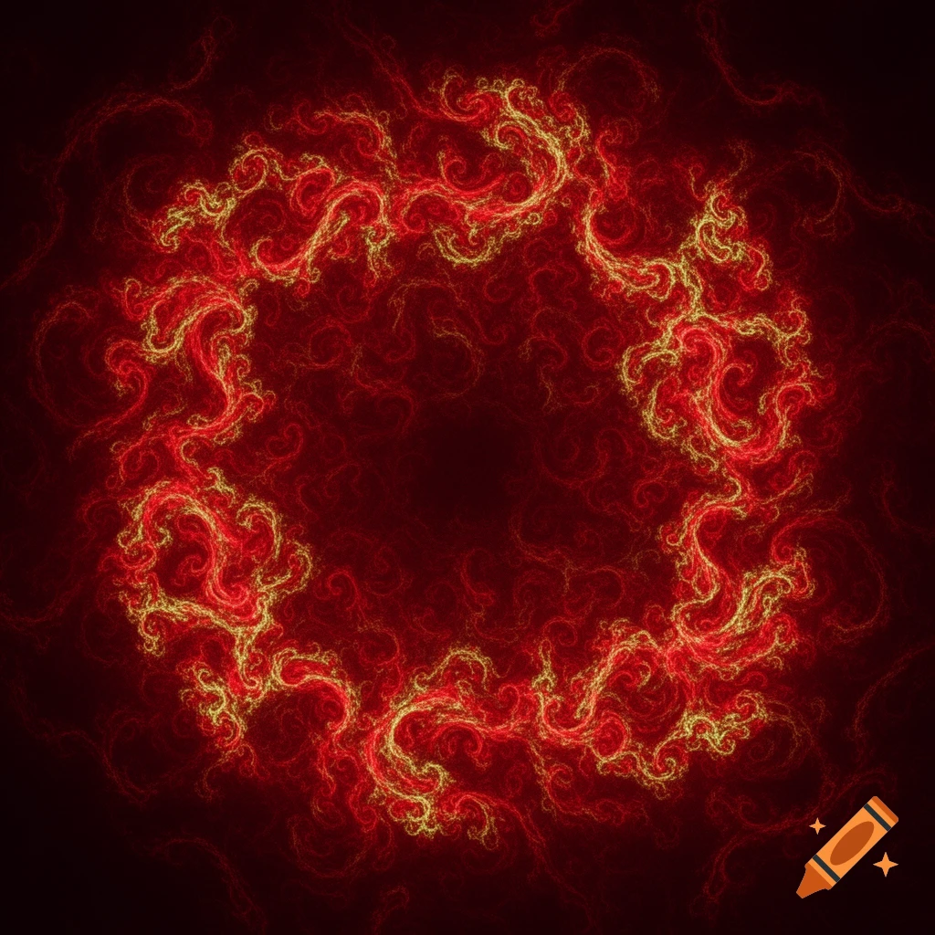A red and gold fractal pattern forms a circular shape with intricate, swirling lines against a dark background.