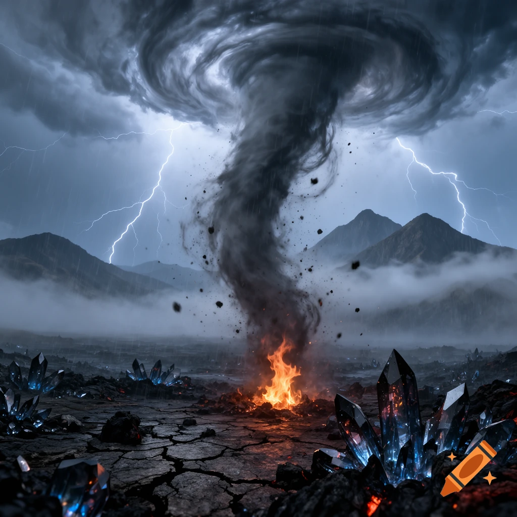 A powerful tornado over a fiery ground surrounded by glowing blue crystals. Lightning strikes mountains under a stormy, dark sky.