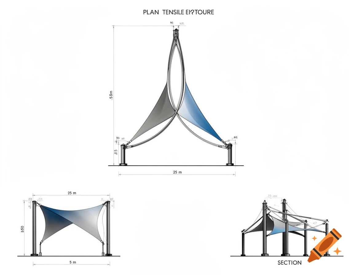 A technical drawing showing the plan, elevation, and section views of a modern tensile fabric structure with four supports and arched poles, featuring shades of gray and blue.