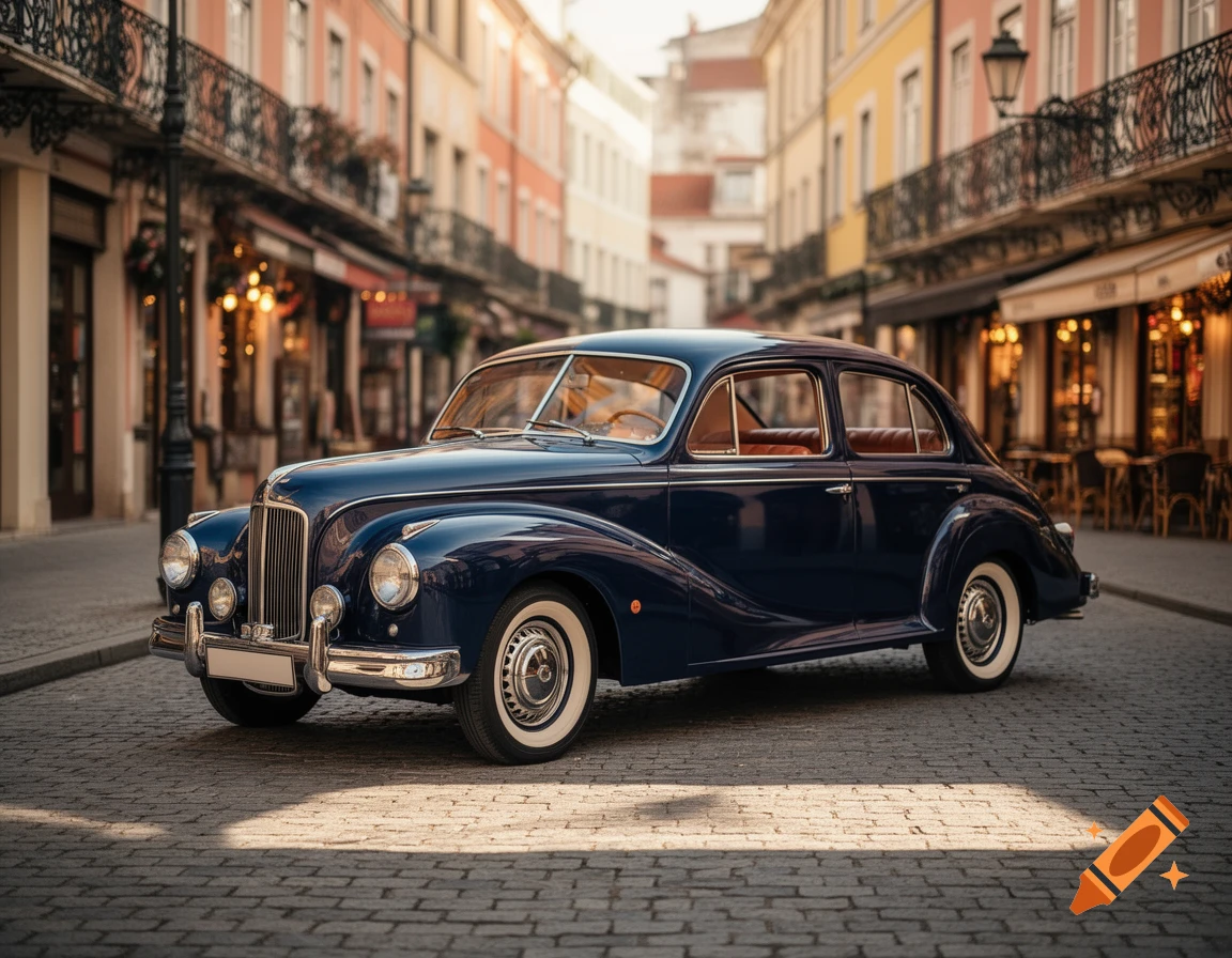 A dark blue vintage car with white-walled tires parked on a cobblestone street in a European city at sunset.