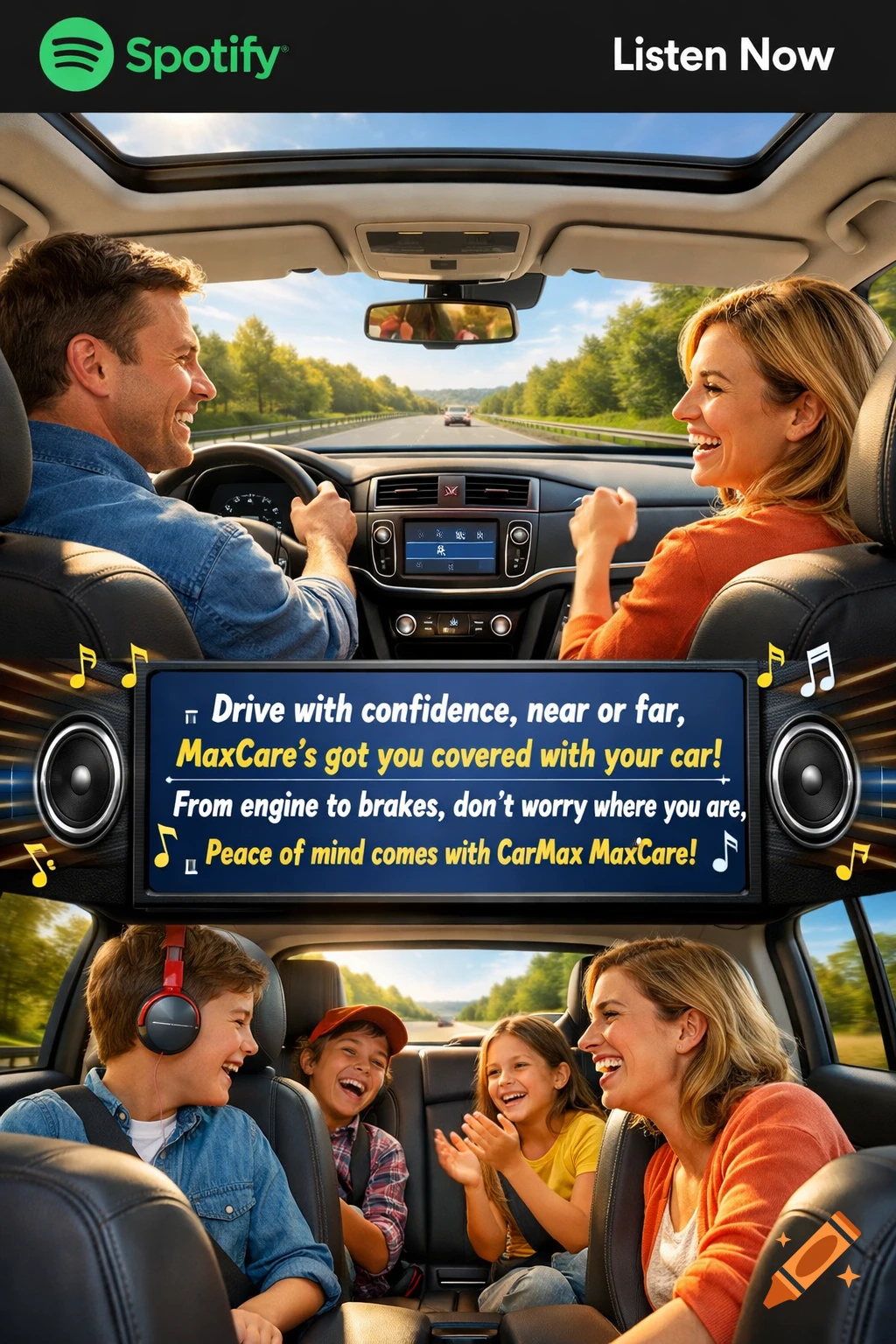 A family smiling and laughing in a car on a sunny road, with a Spotify logo and a CarMax MaxCare ad.