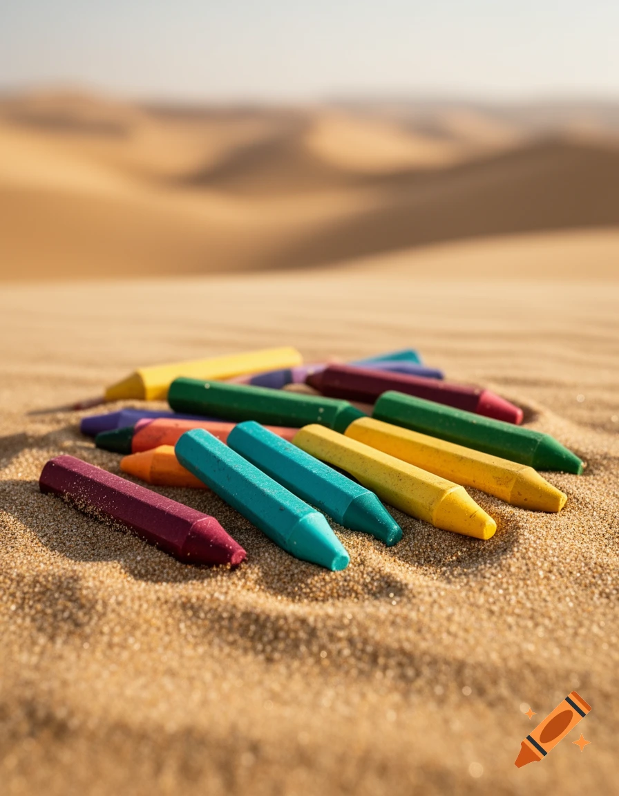 Colorful crayons scattered on golden sand dunes under a clear sky.