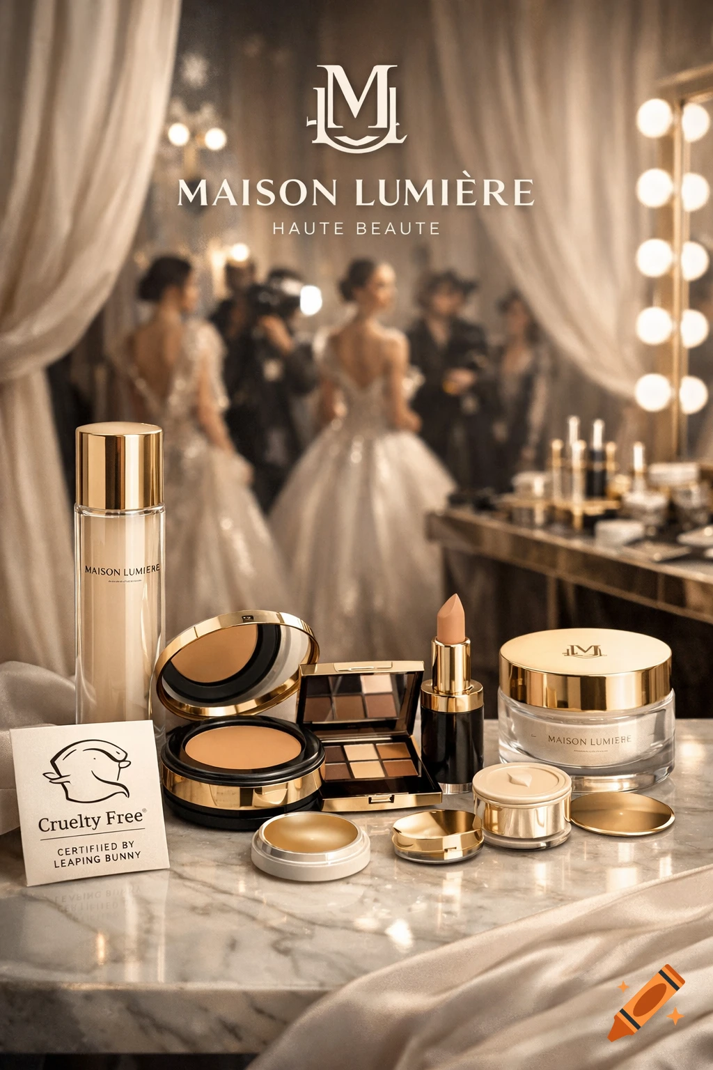 High-end Maison Lumière beauty products, including skincare, powder, eyeshadow, and lipstick, displayed on a marble counter with a "Cruelty Free Certified by Leaping Bunny" card, against a blurred background of women in elegant dresses at a fashion event.