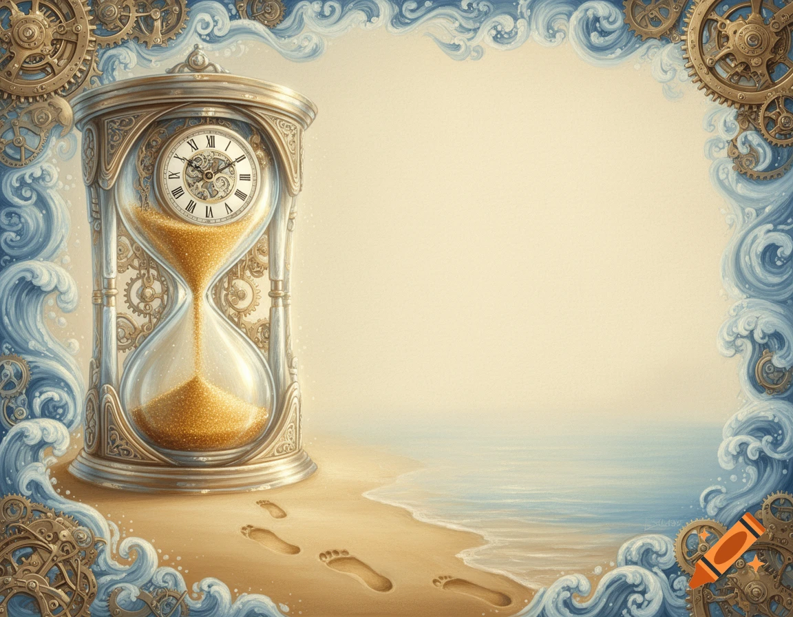 An ornate hourglass with a clock face on a sandy beach with ocean waves and footprints, framed by gears and waves in an illustrative style.