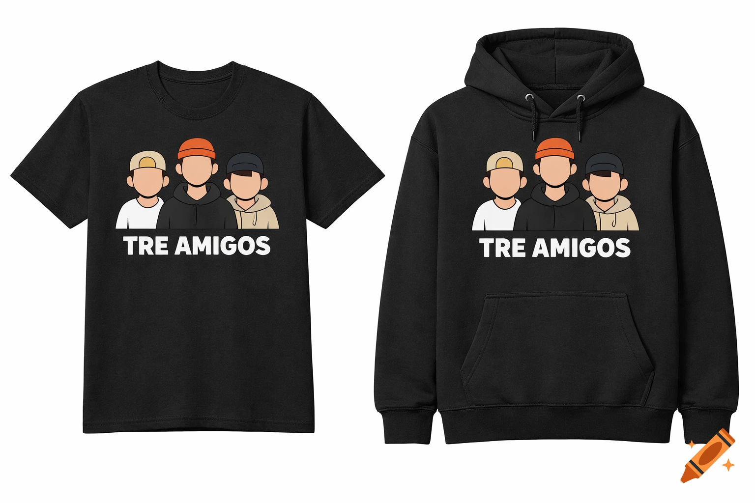 Two black clothing mockups, a T-shirt and a hoodie, both featuring a minimalist illustration of three cartoon men and the text 'TRE AMIGOS'.
