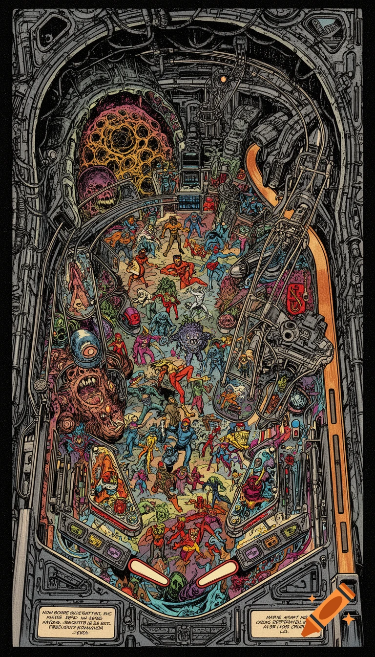 Retro comic art of a crowded sci-fi pinball playfield, filled with aliens, creatures, and intricate machinery in bold outlines.