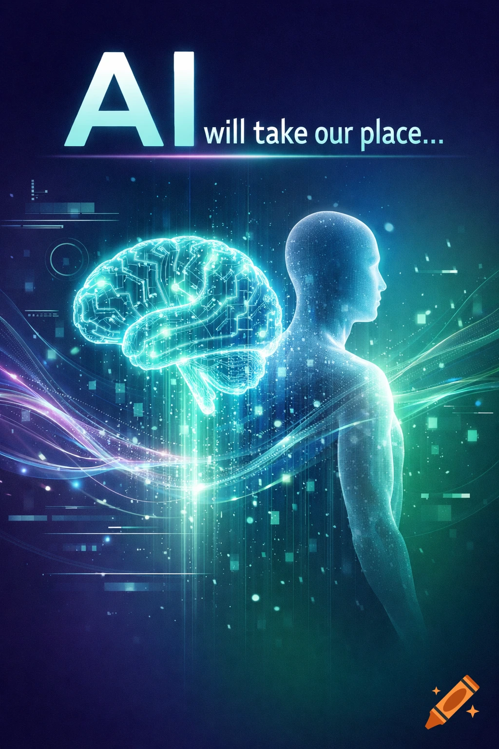 A glowing holographic brain next to a human silhouette with the text 'AI will take our place...' surrounded by digital streams, in a futuristic style.