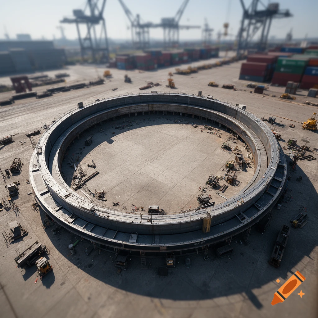 An aerial, tilt-shift view of a large circular concrete structure under construction at an industrial port with cranes and shipping containers.