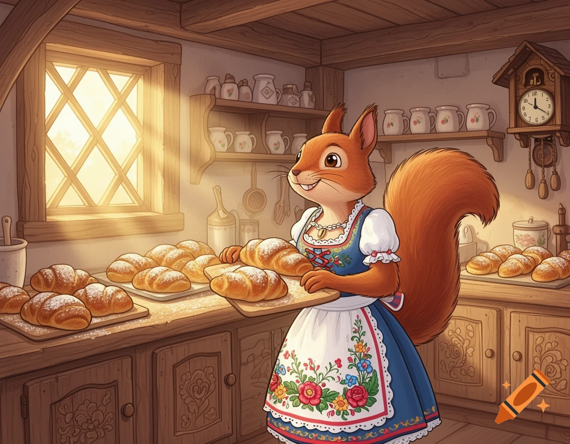 A smiling cartoon squirrel in a traditional German dress holds a tray of pastries in a rustic wooden kitchen.