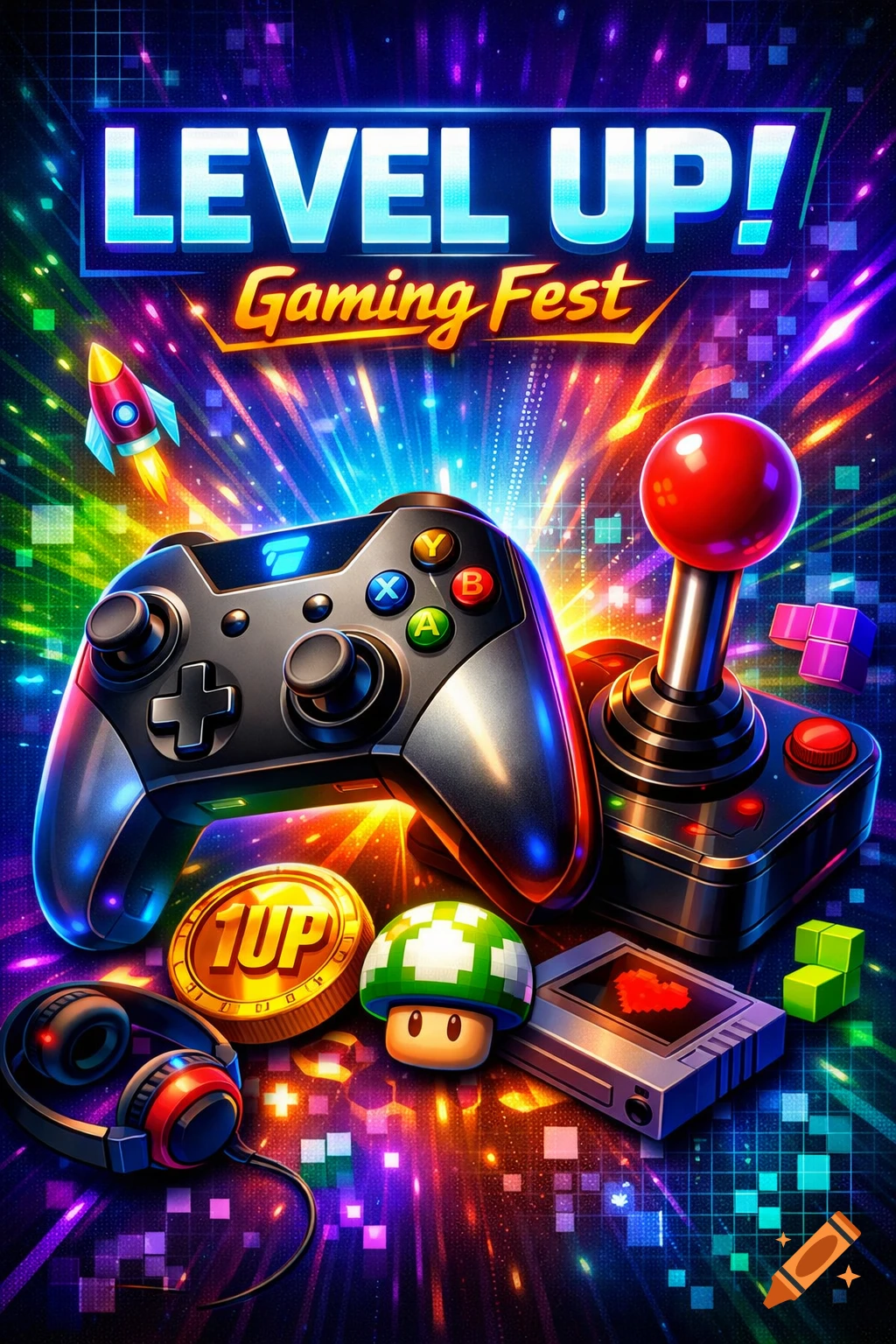 Vibrant poster for 'Level Up! Gaming Fest' featuring a game controller, joystick, 1UP coin, mushroom character, rocket, and headphones on a sparkling background.