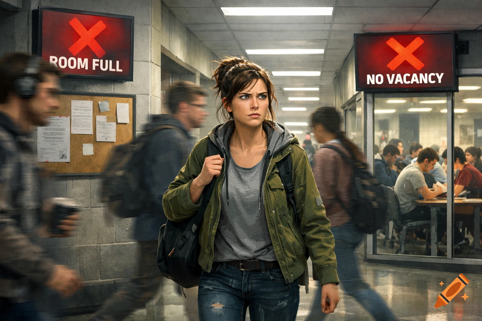 A worried student walks through a busy university hallway, passing signs that read 'ROOM FULL' and 'NO VACANCY' and a crowded study area.