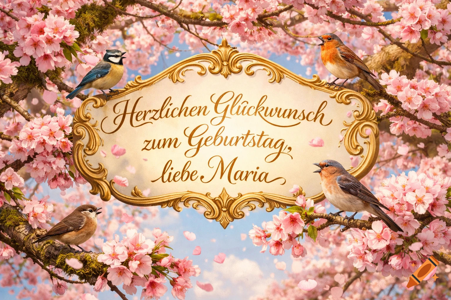 Four colorful birds perch on branches filled with pink cherry blossoms around a gilded plaque with a German birthday greeting.