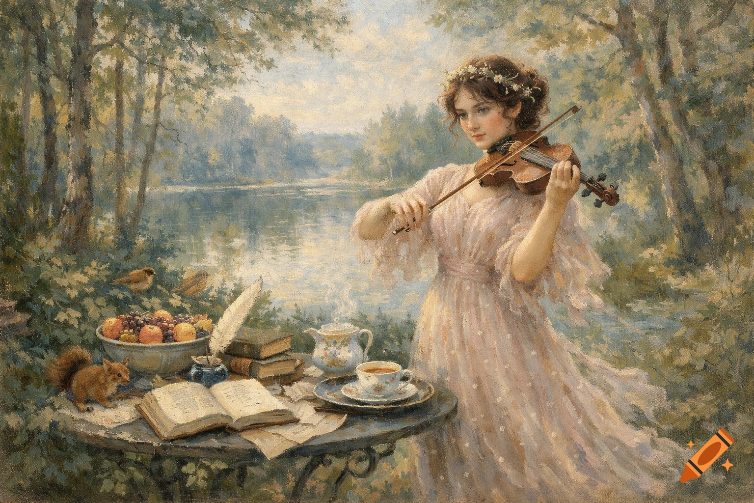 An impressionist painting depicts a young woman in a flowing dress playing a violin by a lake, with a table holding books, fruit, and a tea set nearby.