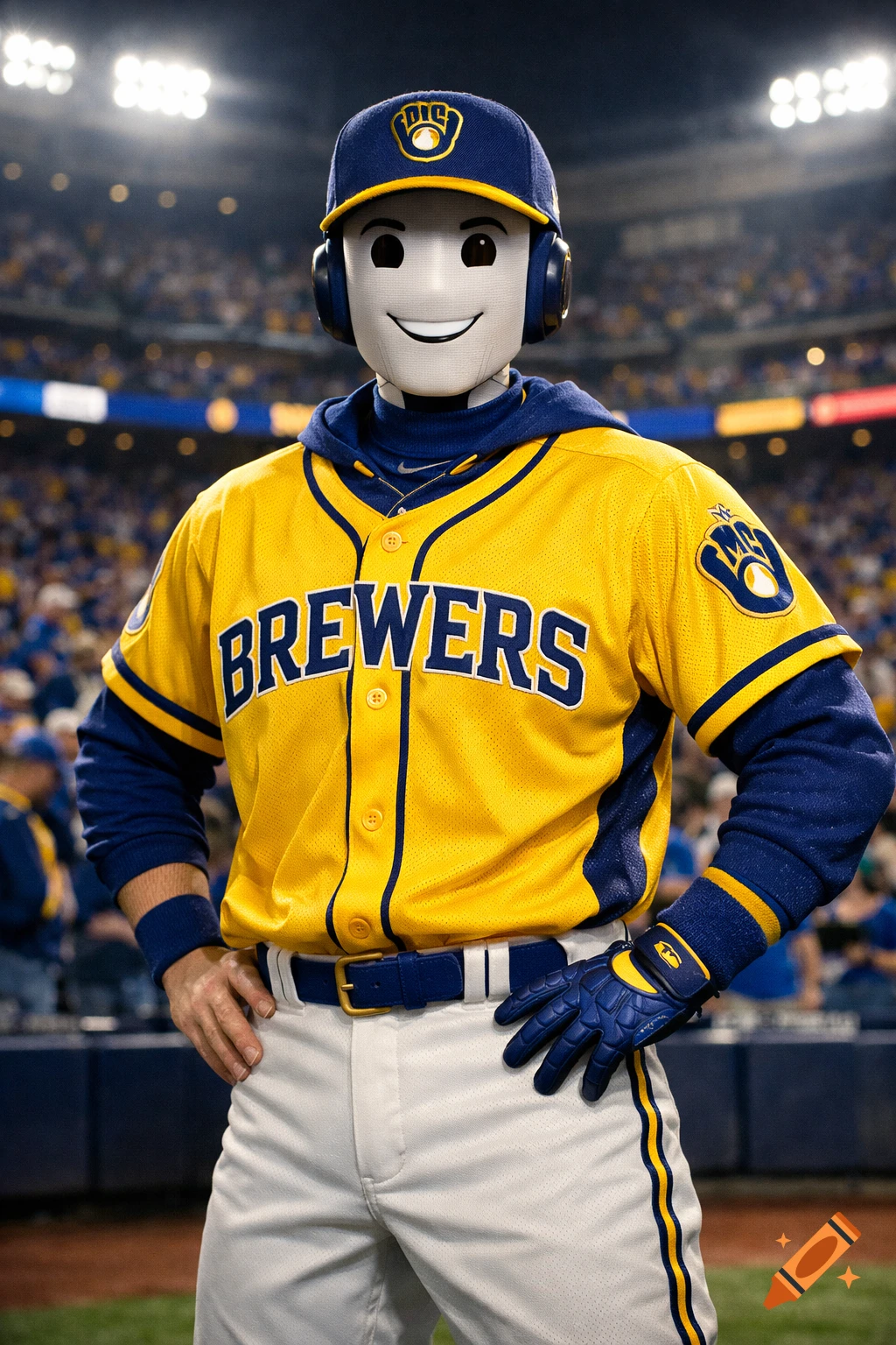 A robot character with a smiling face wears a yellow and blue Milwaukee Brewers baseball uniform in a stadium.
