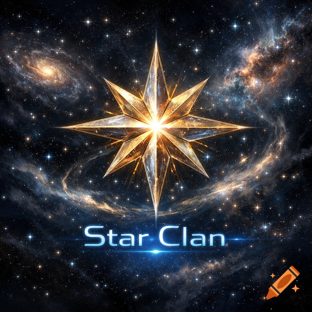 A glowing, multifaceted golden star shines brightly against a dark cosmic background with stars and nebulae, with 'Star Clan' text below.
