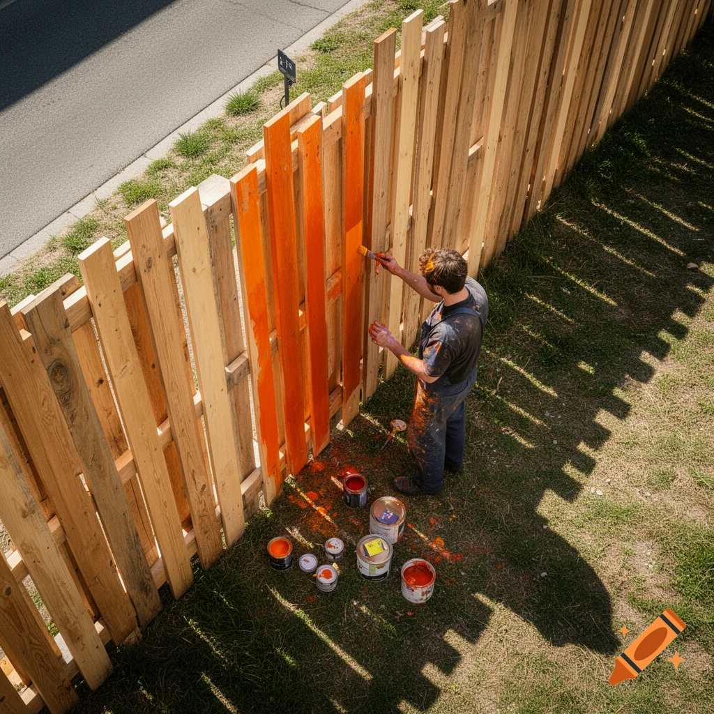 Overhead view of a person painting a wooden fence bright orange on a sunny day.