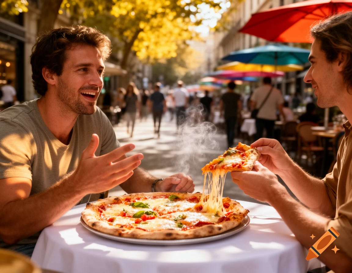 Two smiling men eat pizza at a sunny outdoor cafe on a bustling street, one holding a slice with stretchy cheese.