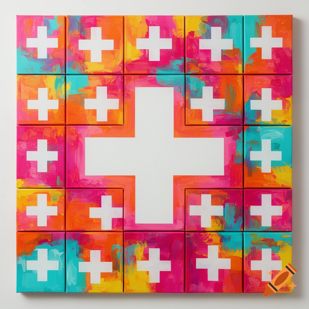A grid of 16 canvases forming a larger square. A large white Swiss cross is in the center, surrounded by smaller white Swiss crosses on each canvas, all against vibrant, painterly backgrounds of pink, orange, yellow, and turquoise.